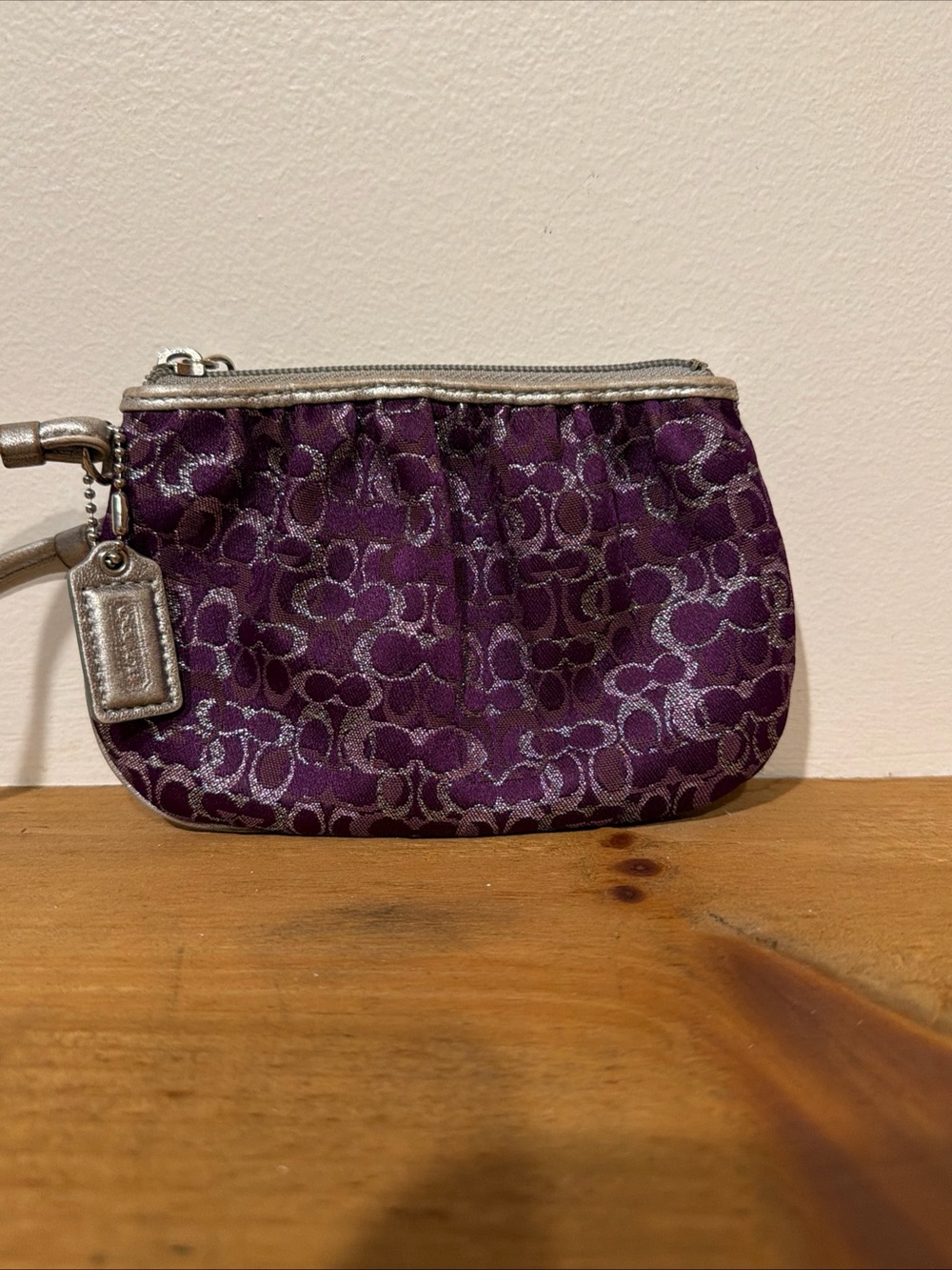 Vintage Coach Purple/ silver Signature Jacquard Wristlet with Silver leatherTrim